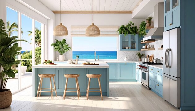 Bright, airy kitchen interior with light blue cabinets, a central island with stools, large windows overlooking the ocean, and potted plants adding a touch of nature.