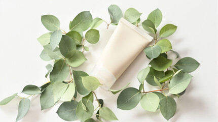 A cream-colored squeeze tube of lotion or cream rests in a ring of fresh eucalyptus sprigs against a bright white background.  