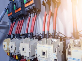 Industrial circuit breaker and  contactors on the main electrical  panel distribution.