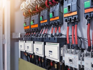 Industrial circuit breaker and  contactors on the main electrical  panel distribution.