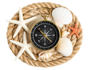 Flat Lay Nautical Scene with Compass, Rope, Starfish, and Sand Texture, Top-Down Arrangement, Transparent Background