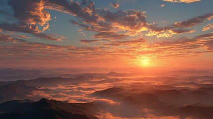 Sunrise Over Mountain Range with Cloud Layers and Warm Golden Light