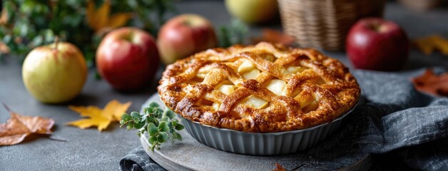 Freshly baked apple pie sits elegantly on a wicker stand, surrounded by vibrant apples and colorful autumn leaves, inviting taste