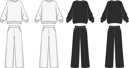 Sweatshirt and sweatpants matching set fashion front view in white, gray, black, cad drawing flat vector illustration, technical garment sketch.