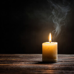 Burning mourning candles with smoke rising, set against a dark, somber background.