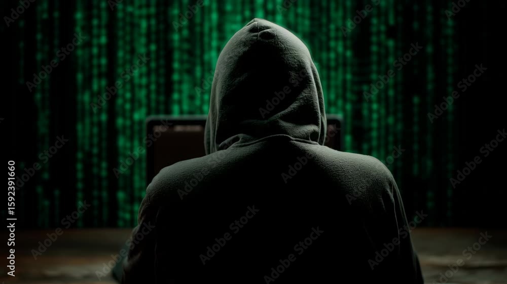 Poster hacker in hoodie navigates computer amidst digital green matrix code, showcasing technology, cyberse