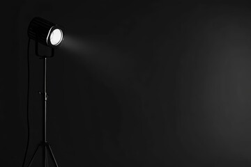 Obraz premium Dark photo background and professional lighting equipment in studio, space for text.