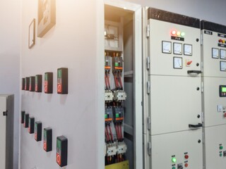 Industrial circuit breaker and  contactors on the main panel distribution, inspection and service concept with open the electrical panel.