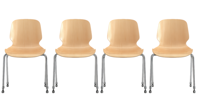 Four modern chrome and wood dining chairs, a stylish seating solution for your kitchen or dining area
