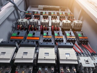 Industrial circuit breaker and  contactors on the main electrical  panel distribution.