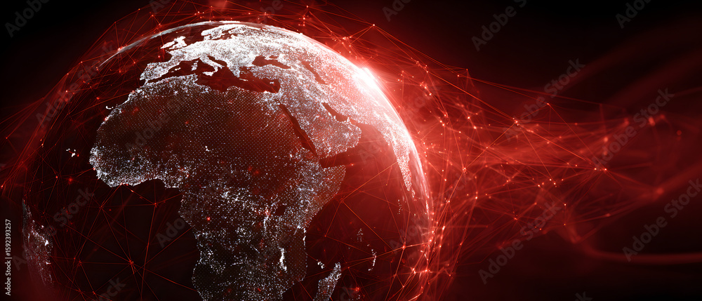 Poster Red background with a globe in the center. The globe is surrounded by a red line. Concept of technology and the interconnectedness of the world