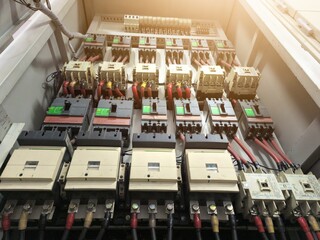 Industrial circuit breaker and  contactors on the main electrical  panel distribution.