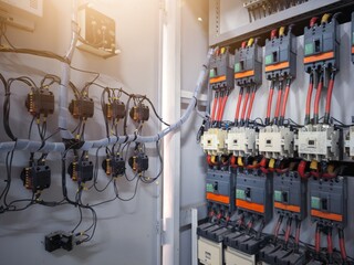 Industrial circuit breaker and  contactors on the main electrical  panel distribution.