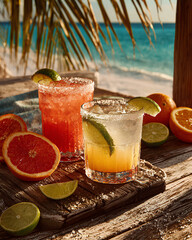 Three tequila-based cocktails on a wooden table at the beach with grapefruit and lime