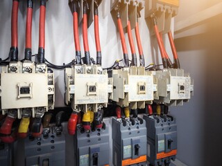 Industrial circuit breaker and  contactors on the main electrical  panel distribution.