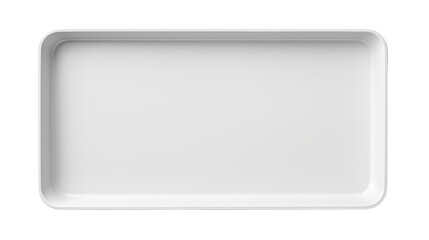 A simple white rectangular tray with rounded corners on a black background
