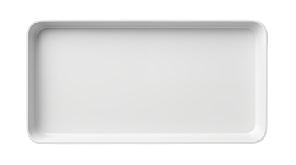 A simple white rectangular tray with rounded corners on a black background