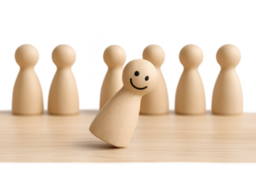 Happy wooden pawn standing out from the crowd on transparent background