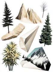 Diverse Nature Elements Featuring Trees, Rocks, Mountains, and Geological Shapes