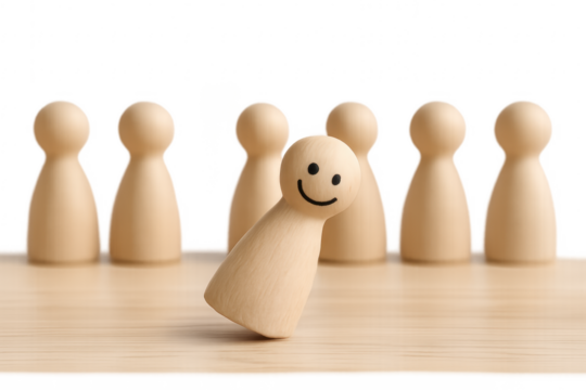 Happy wooden pawn standing out from the crowd on transparent background