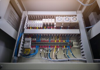 Electrical control panels with terminals connection and wire circuit control relays contactors.