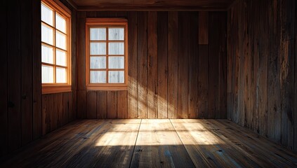 Interior of a rustic wooden cabin with sunlight streaming through windows