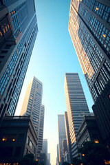 Fototapeta premium Upward wide-angle view of modern corporate skyscrapers with glass reflections and open blue sky, symbolizing business growth, financial ambition, and real estate development in urban city centers.