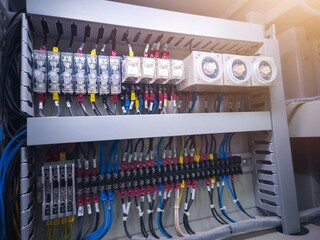 Electrical control panels with terminals connection and wire circuit control relays contactors.