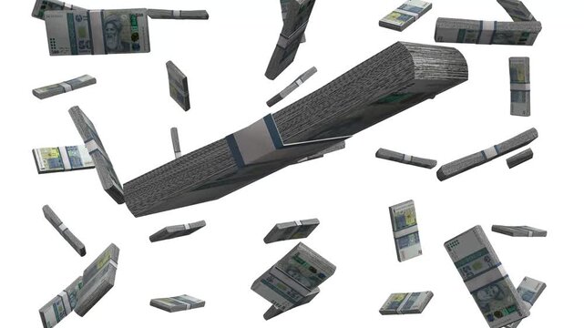 Cash stacks fall through the air symbolizing wealth and opportunity