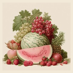 Vibrant Collection of Fresh Fruits Including Watermelon, Grapes, Pineapple and Berries