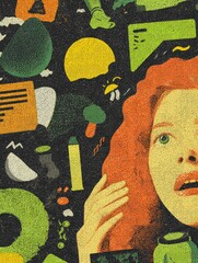 Surprised Woman Surrounded by Colorful Illustrations and Creative Elements in Dark Background