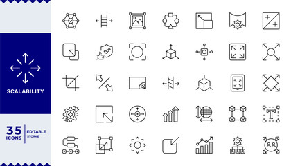Scalability line icon set. Scale, scalable resize, scaling, stretch, expand, expansion, elasticity, scalling, adaptability, efficiency and more. Outline vector icon. Pictogram collection