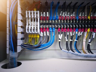 Wire connection terminals block on the electrical panel with wire color code.