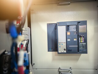 Close up the electrical components of Moulded Case  Circuit Breaker on the panels  for electrical protection and safey.