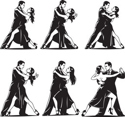 Elegant Tango Dancers in Formal Attire Expressive Poses Black and White Illustration.