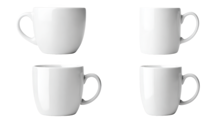 Four pristine white coffee mugs, a cozy and inviting coffee break setup four