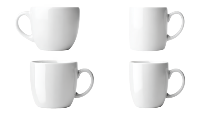 Four pristine white coffee mugs, a cozy and inviting coffee break setup four