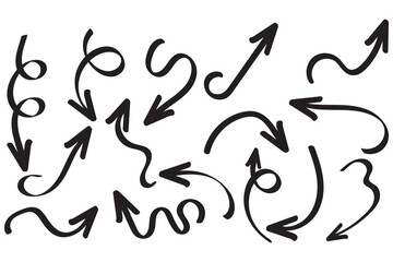 Arrows hand drawn doodle icons set. Curved cartoon arrows sketches collection. Flat and thin pointers illustrations. Scribble swirl arrow signs.