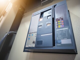 Close up the electrical components of Moulded Case  Circuit Breaker on the panels  for electrical protection and safey.