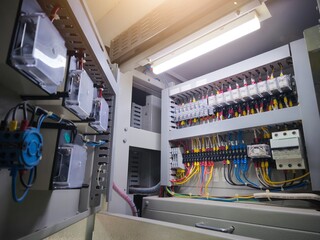 Electrical control panels with terminals connection and wire circuit control relays contactors.
