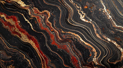 Abstract, dark background with swirling, marbled patterns of gold, red, and black.  Intricate veins create a dynamic visual effect