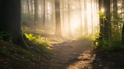 Misty morning forest trail beneath towering trees with sunbeams over moss and leaves - Powered by Adobe