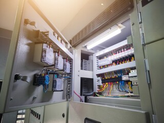 Electrical control panels with terminals connection and wire circuit control relays contactors.