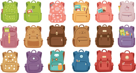 PrintColorful cartoon school backpacks collection, isolated vector set, cute kids bookbags with stationery, back to school supplies design