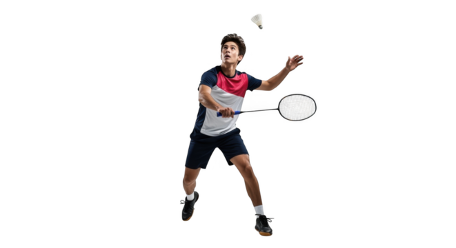 Young Male Badminton Player Mid Smash Action Shot PNG - Powered by Adobe