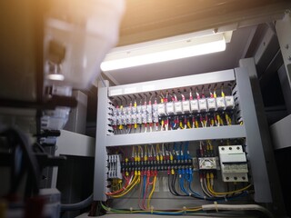 Electrical control panels with terminals connection and wire circuit control relays contactors.