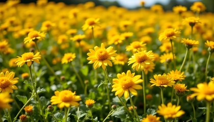 Fototapeta premium A field bursts with a riot of color, dominated by clusters of bright yellow, daisy like blossoms. The petals are a cheerful, saturated yellow, radiating outwards from a dense, golden center