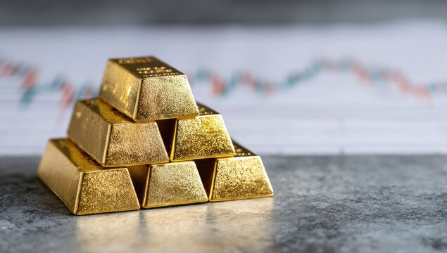 Gold bars pyramid on a table, financial chart in the background