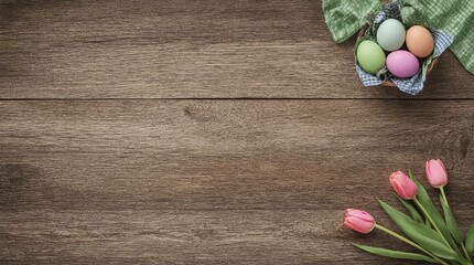 Easter holiday background with easter eggs in basket and tulip flowers on wooden table