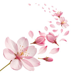 Fototapeta premium Delicate pink cherry blossom flowers and petals swirling in a gentle breeze isolated on transparent background
